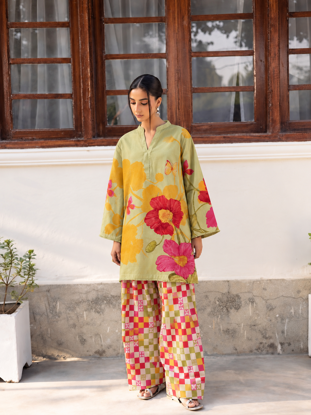 Lime Blossom Check Farsi Salwar front view