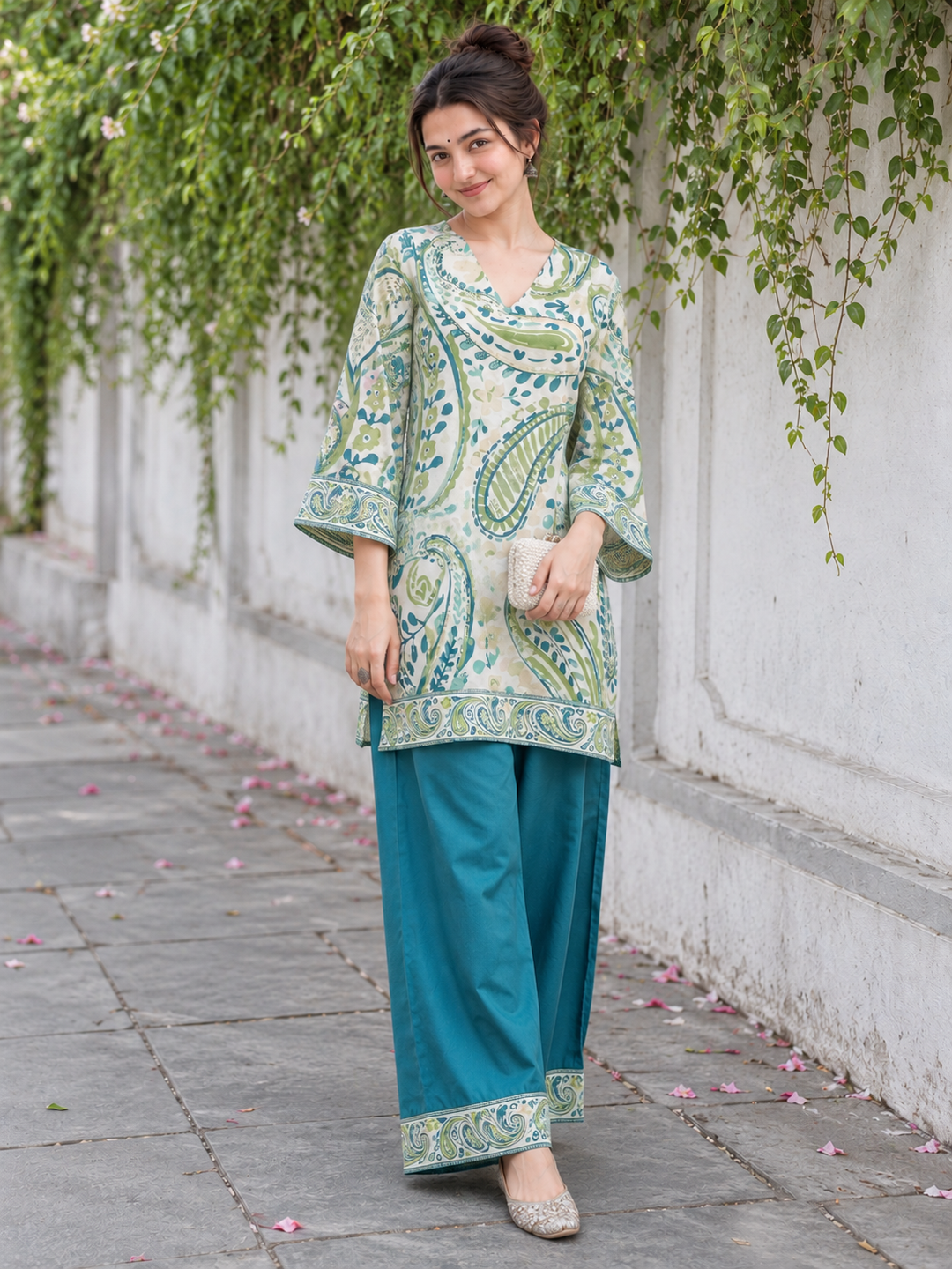 Ivory Teal Paisley Palazzo Farsi Salwar Set