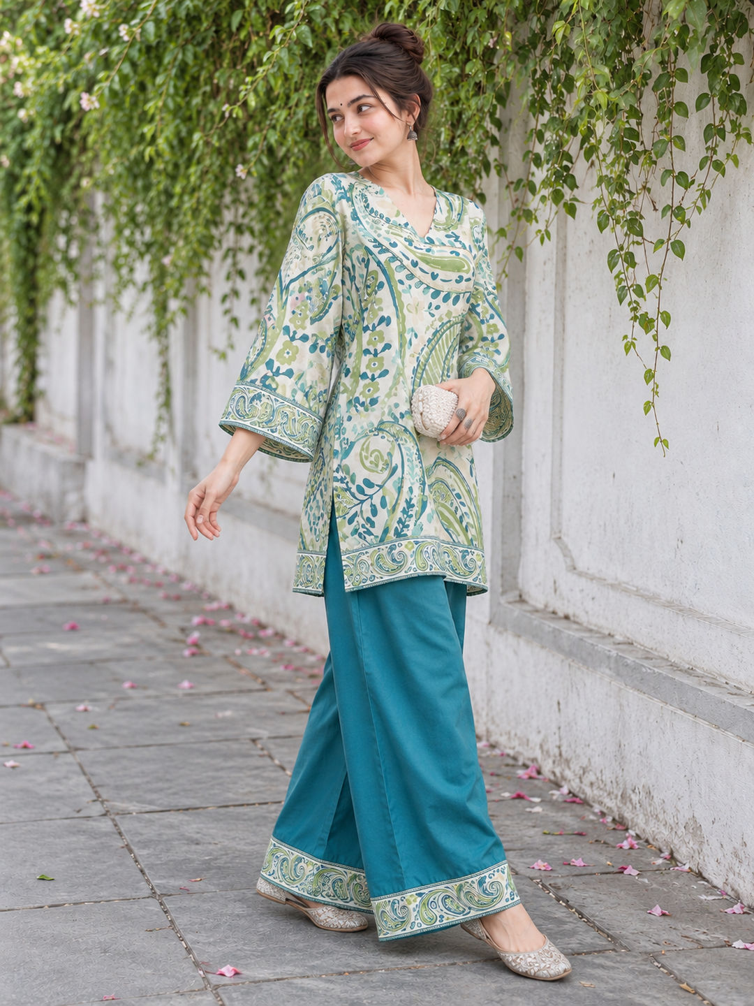Ivory Teal Paisley Palazzo Farsi Salwar Set