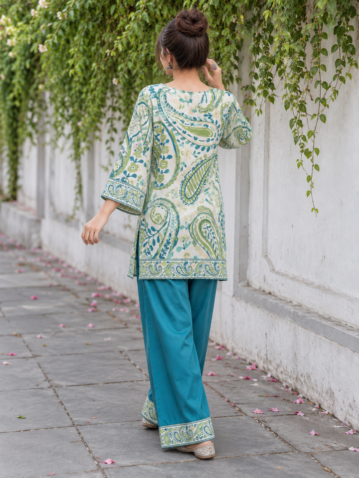 Ivory Teal Paisley Palazzo Farsi Salwar Set
