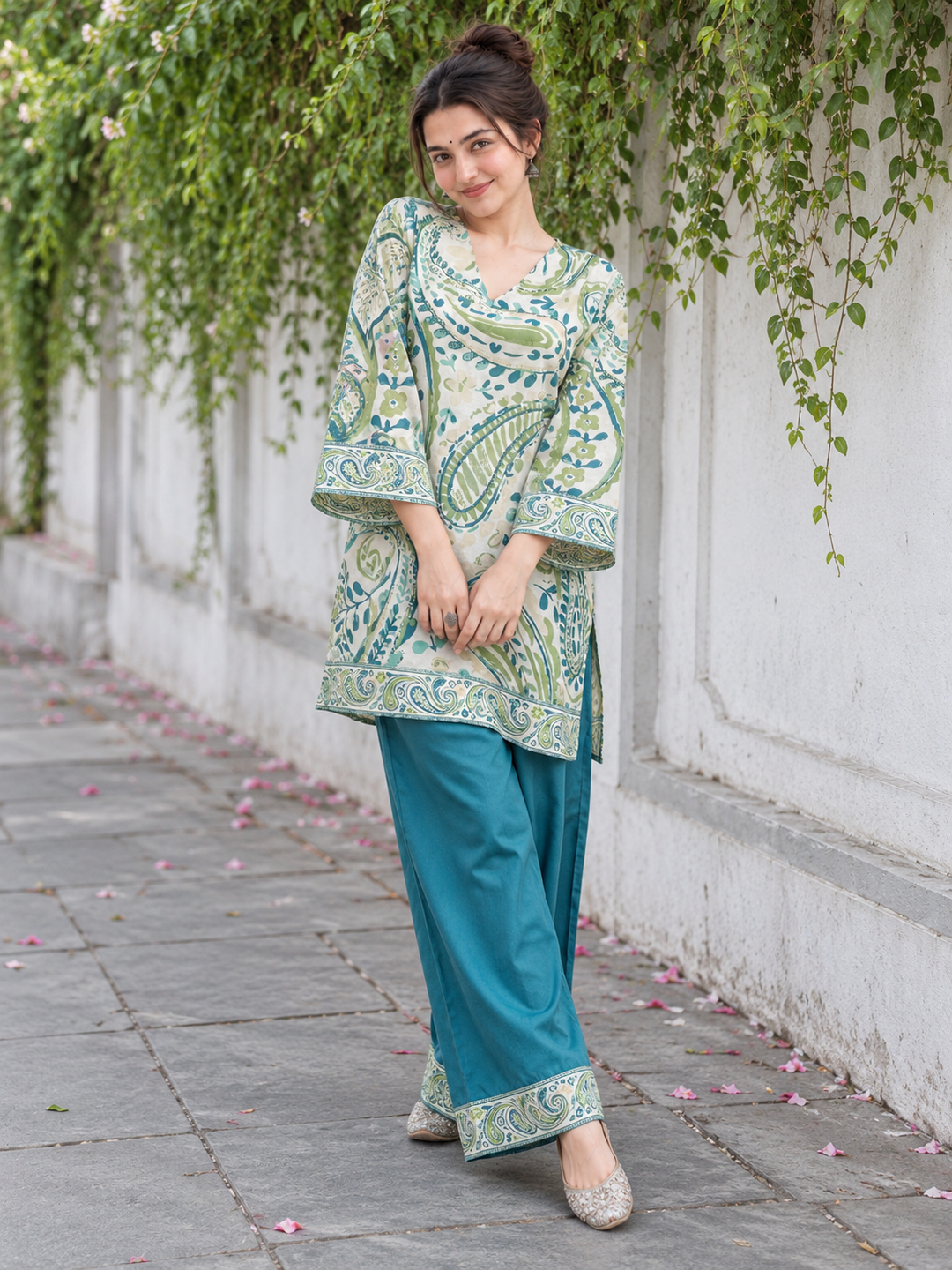 Ivory Teal Paisley Palazzo Farsi Salwar Set