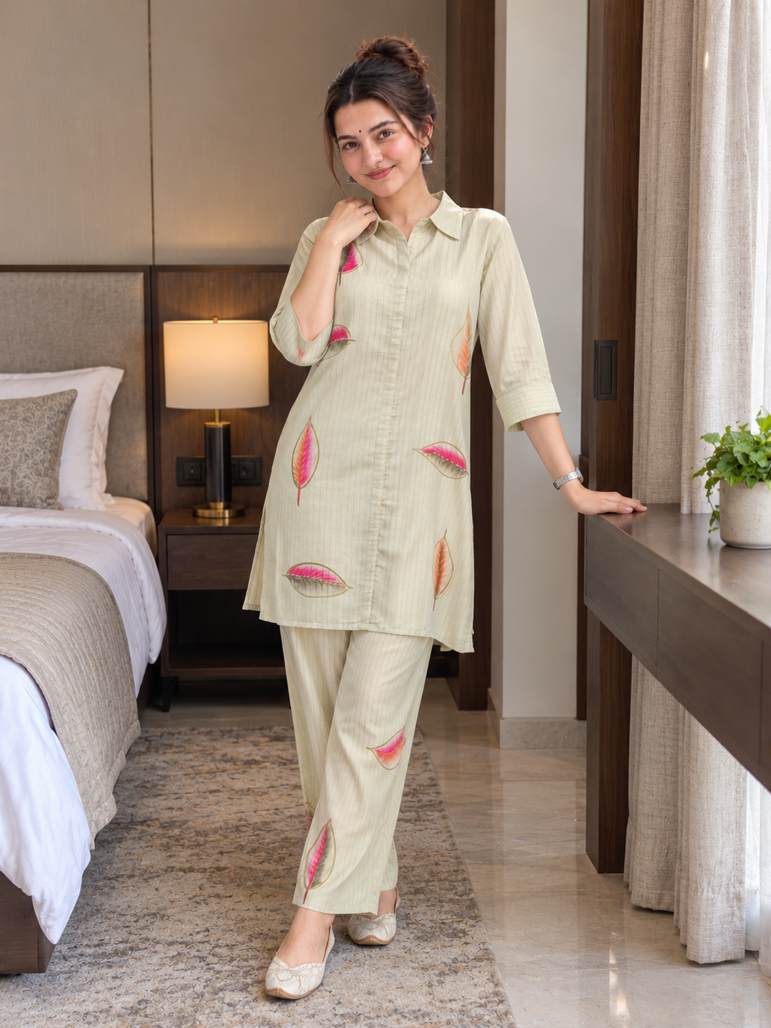 Pista Green Striped Leaf Print Shirt Collar Co-ord Set
