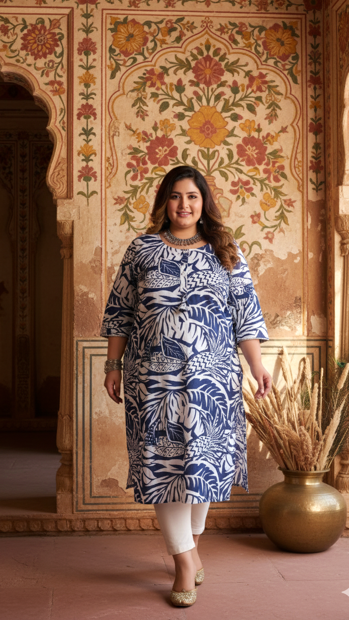 Women Printed Cotton Straight Kurta (B01-Blue)