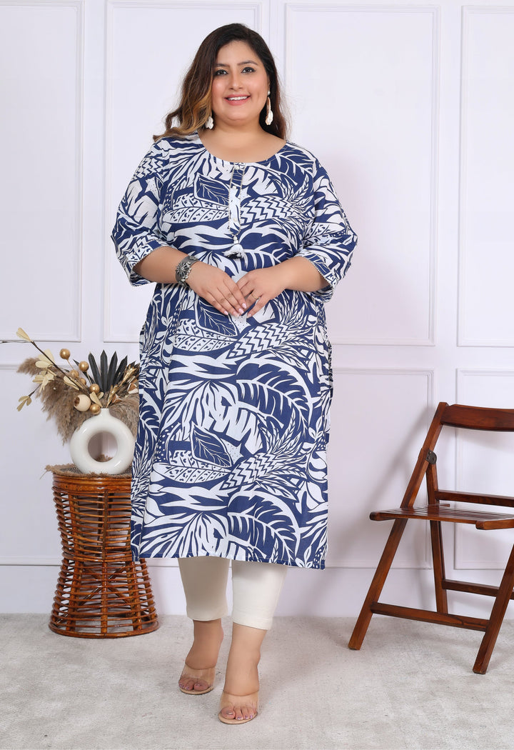 Women Printed Cotton Straight Kurta (B01-Blue)