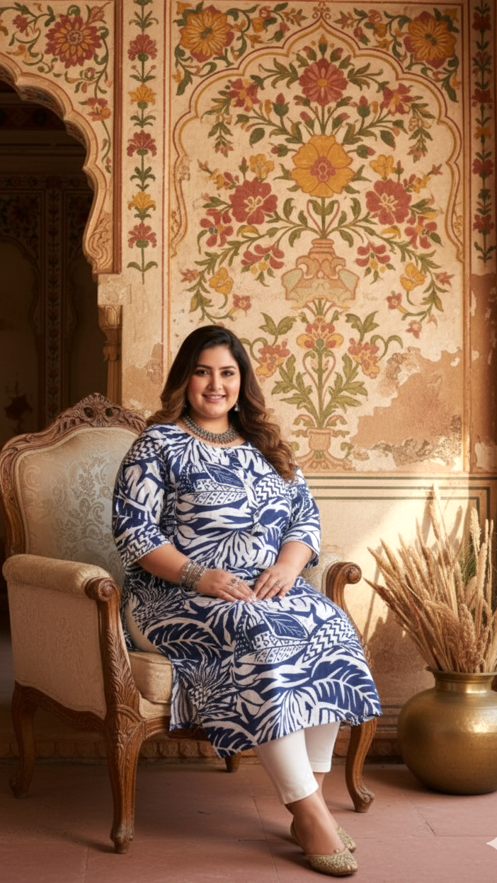 Women Printed Cotton Straight Kurta (B01-Blue)