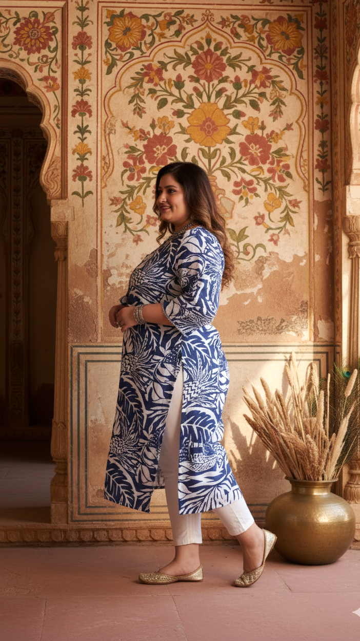 Women Printed Cotton Straight Kurta (B01-Blue)