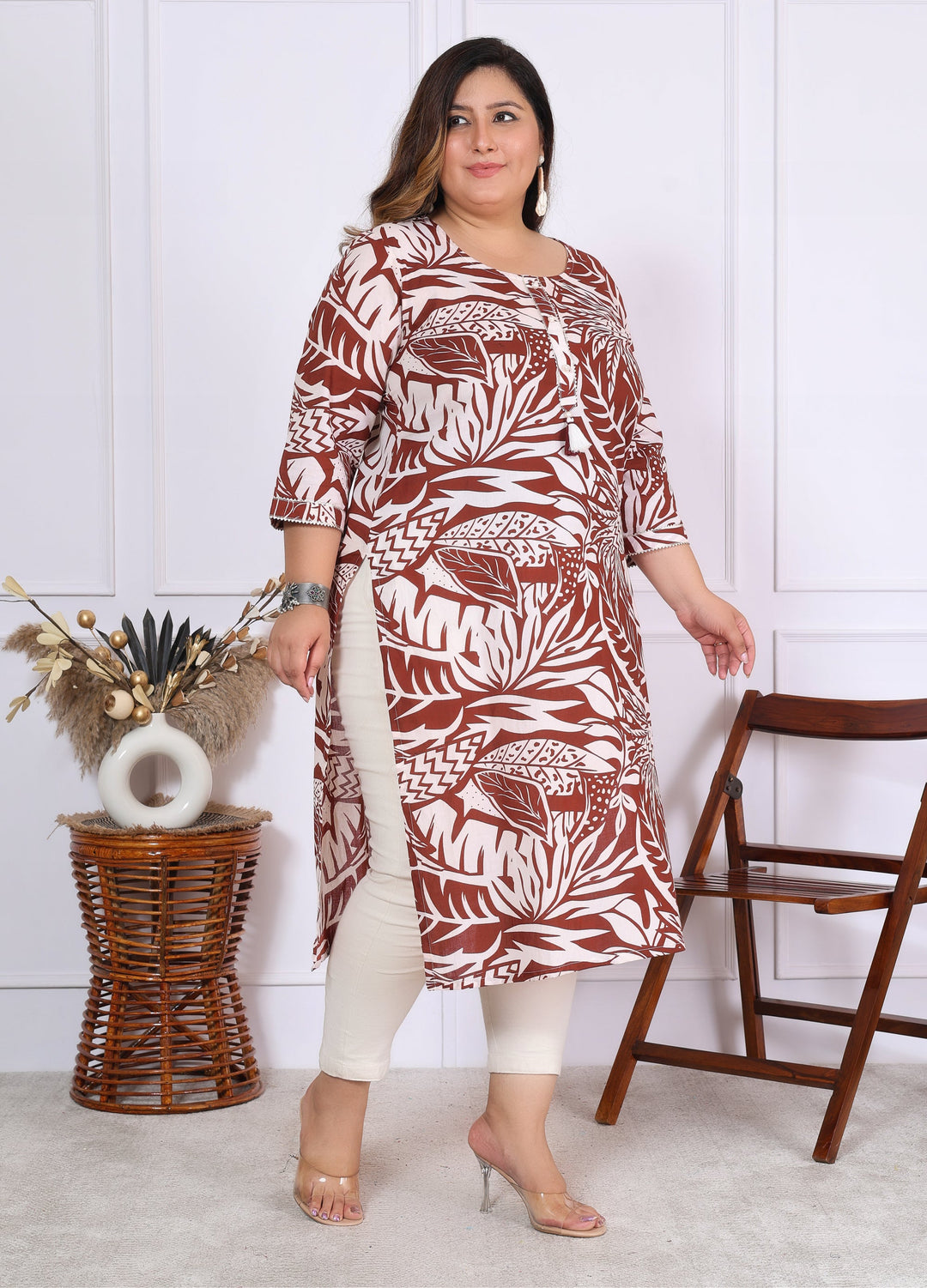Women Printed Cotton Straight Kurta (B01-Mehroon)