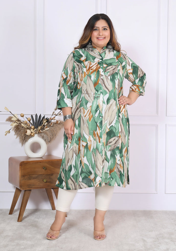 Women Printed Cotton A-line Kurta (B03-Green)
