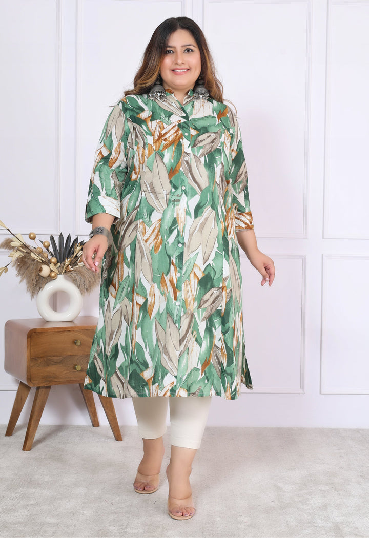 Women Printed Cotton A-line Kurta (B03-Green)