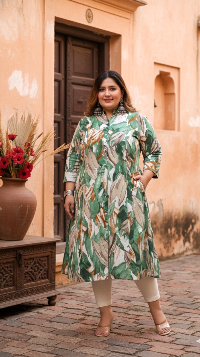 Women Printed Cotton A-line Kurta (B03-Green)