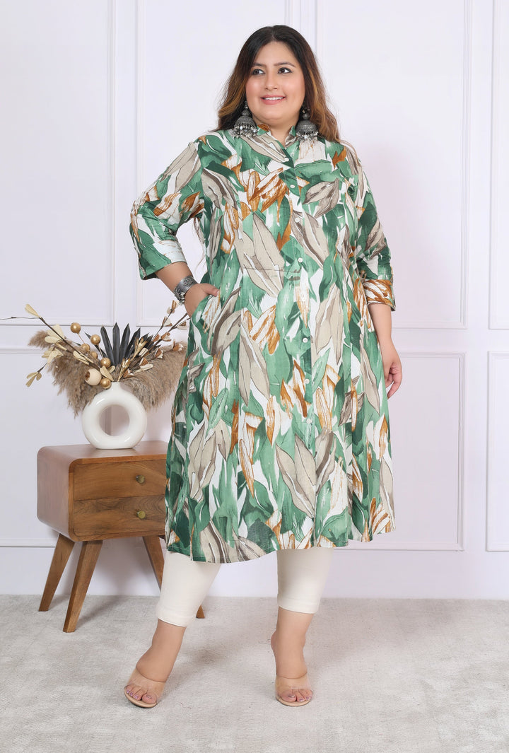 Women Printed Cotton A-line Kurta (B03-Green)