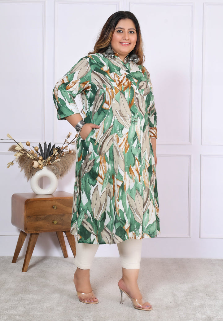 Women Printed Cotton A-line Kurta (B03-Green)
