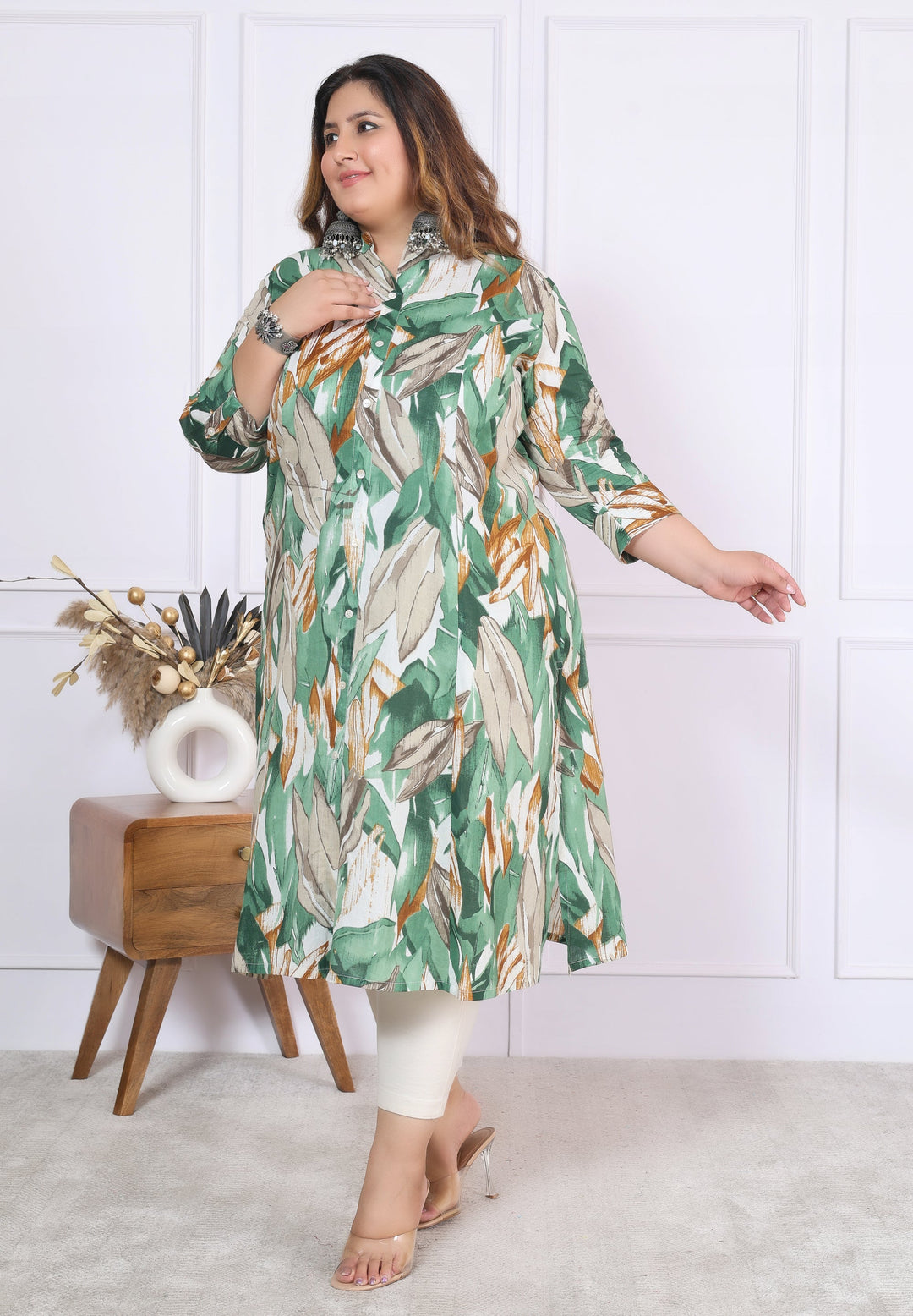Women Printed Cotton A-line Kurta (B03-Green)