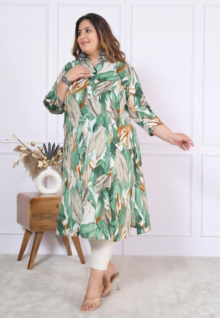 Women Printed Cotton A-line Kurta (B03-Green)