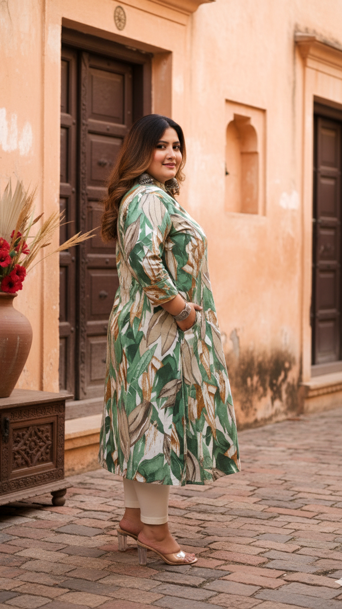 Women Printed Cotton A-line Kurta (B03-Green)