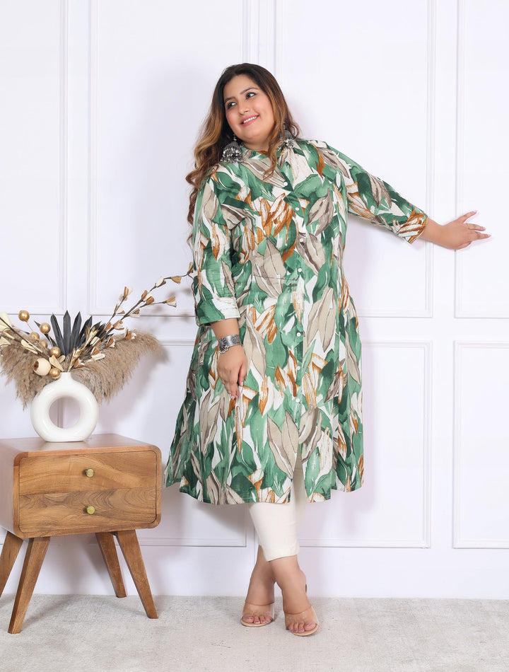 Women Printed Cotton A-line Kurta (B03-Green)