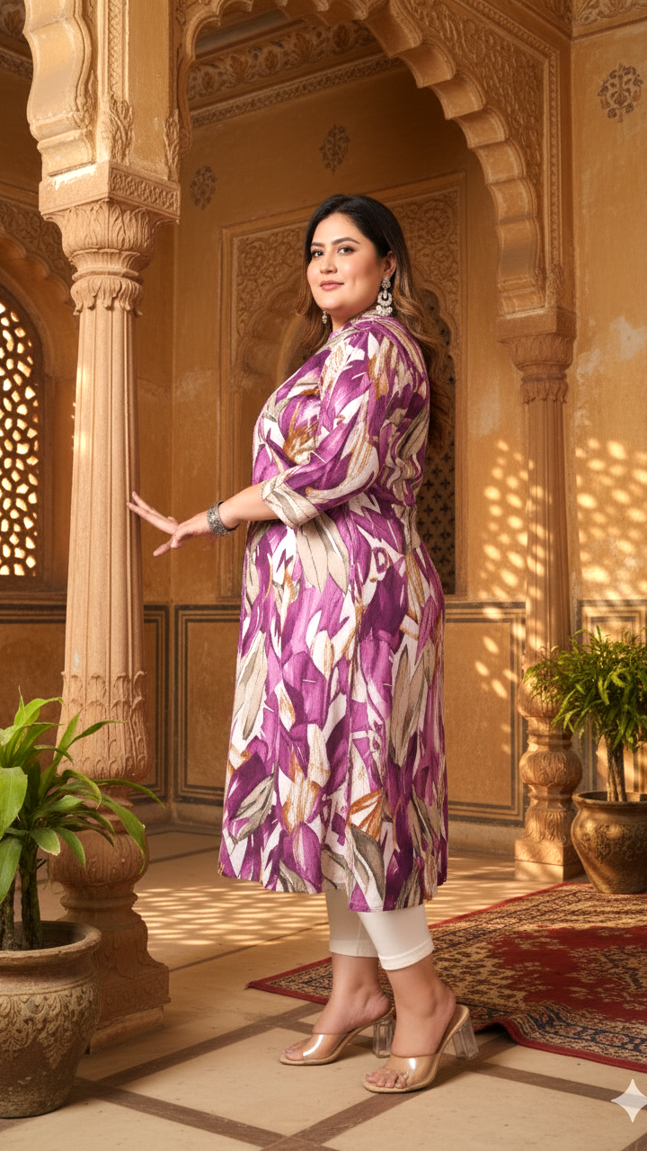 Women Printed Cotton A-line Kurta (B03-Lavender)