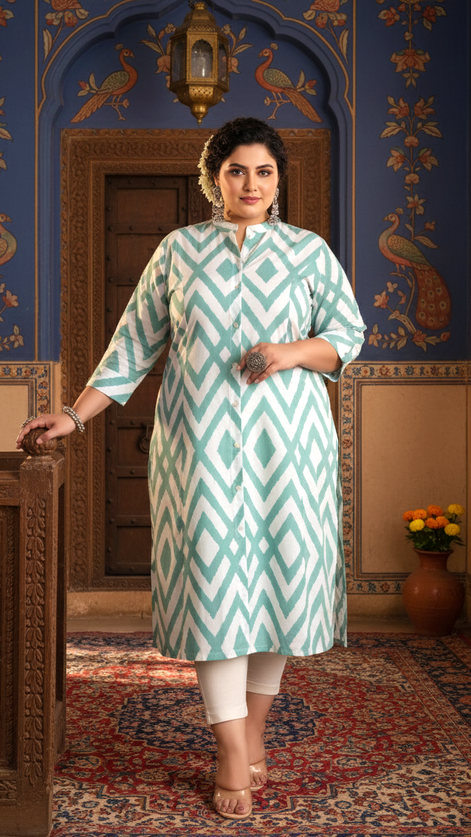 Women Printed Cotton A-line Kurta (B04-Blue)