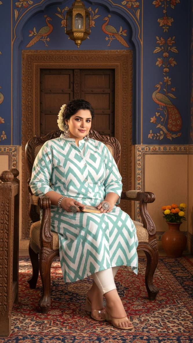 Women Printed Cotton A-line Kurta (B04-Blue)