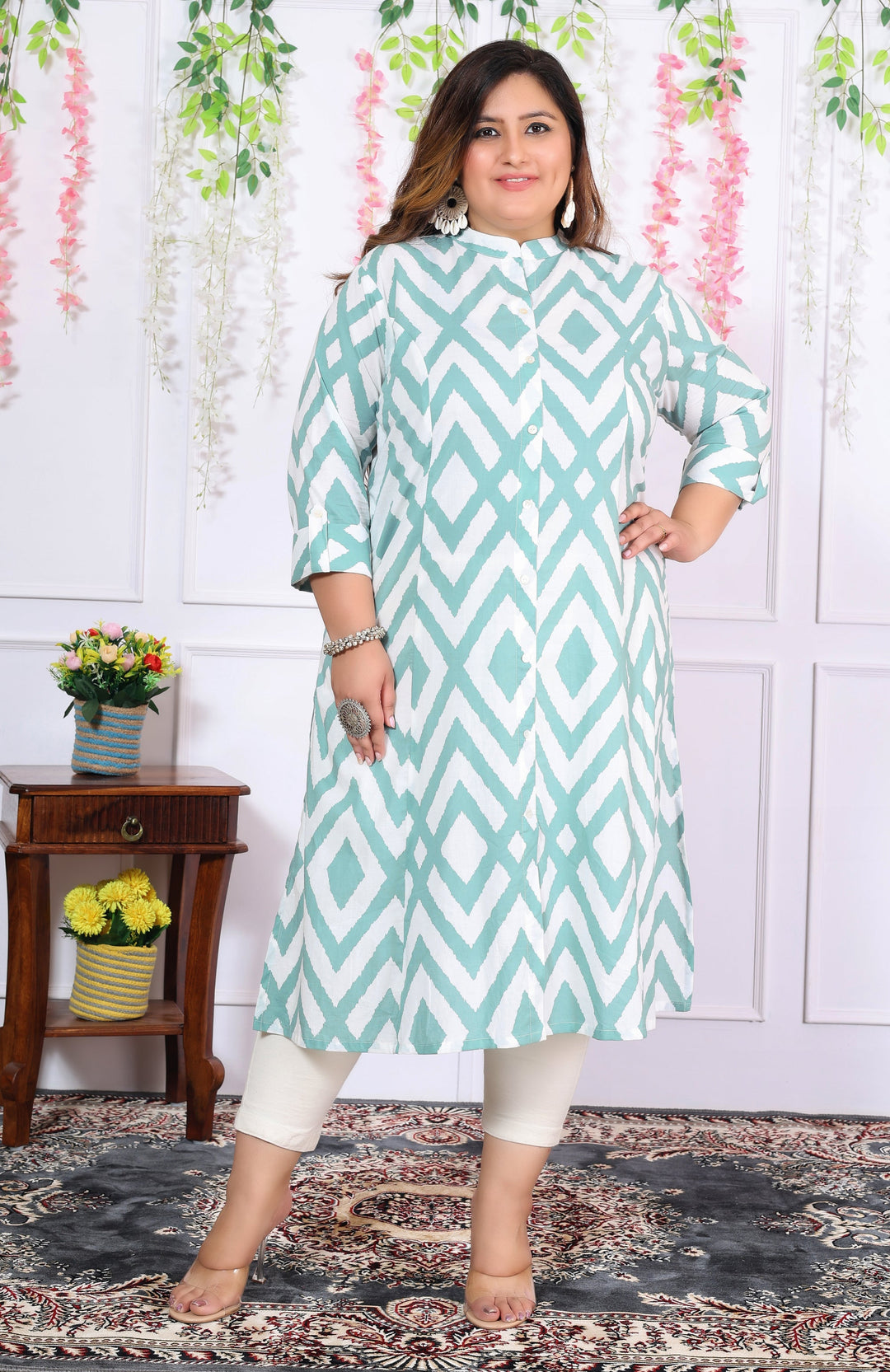 Women Printed Cotton A-line Kurta (B04-Blue)