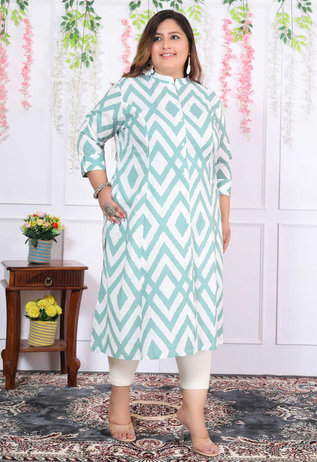 Women Printed Cotton A-line Kurta (B04-Blue)