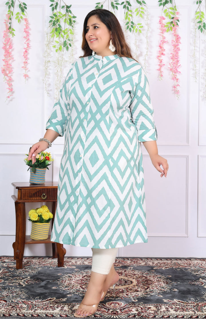 Women Printed Cotton A-line Kurta (B04-Blue)