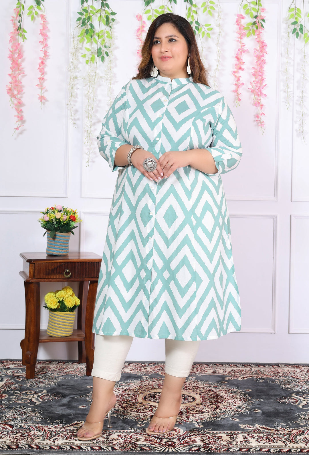 Women Printed Cotton A-line Kurta (B04-Blue)