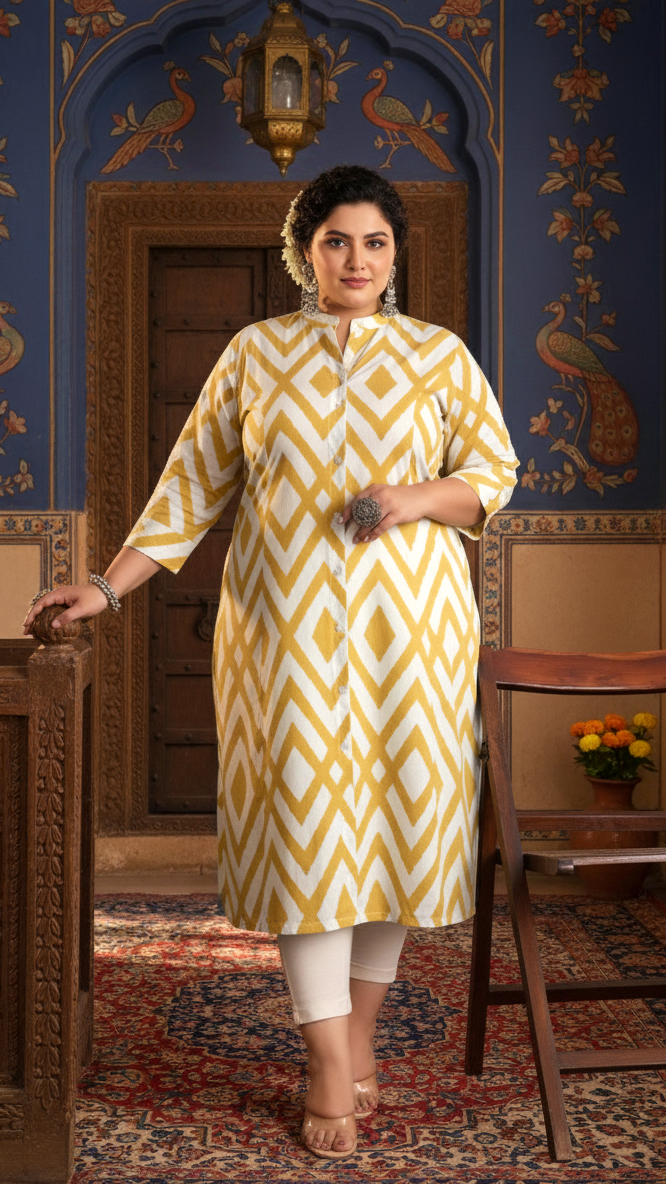 Women Printed Cotton A-line Kurta (B04-Yellow)