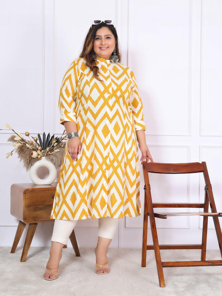 Women Printed Cotton A-line Kurta (B04-Yellow)