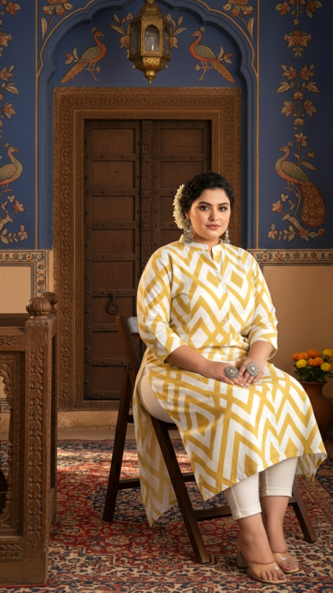 Women Printed Cotton A-line Kurta (B04-Yellow)