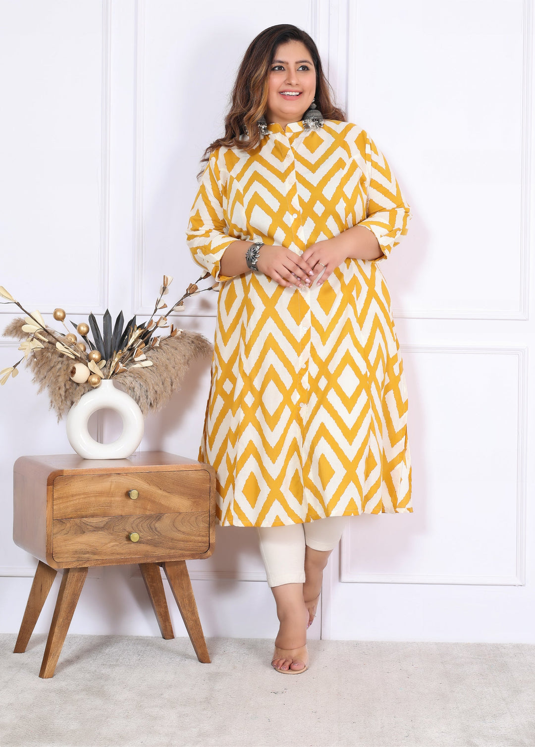 Women Printed Cotton A-line Kurta (B04-Yellow)