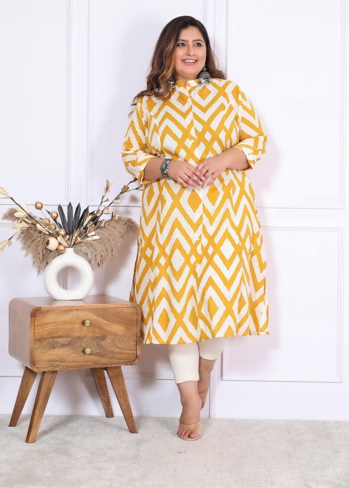 Women Printed Cotton A-line Kurta (B04-Yellow)