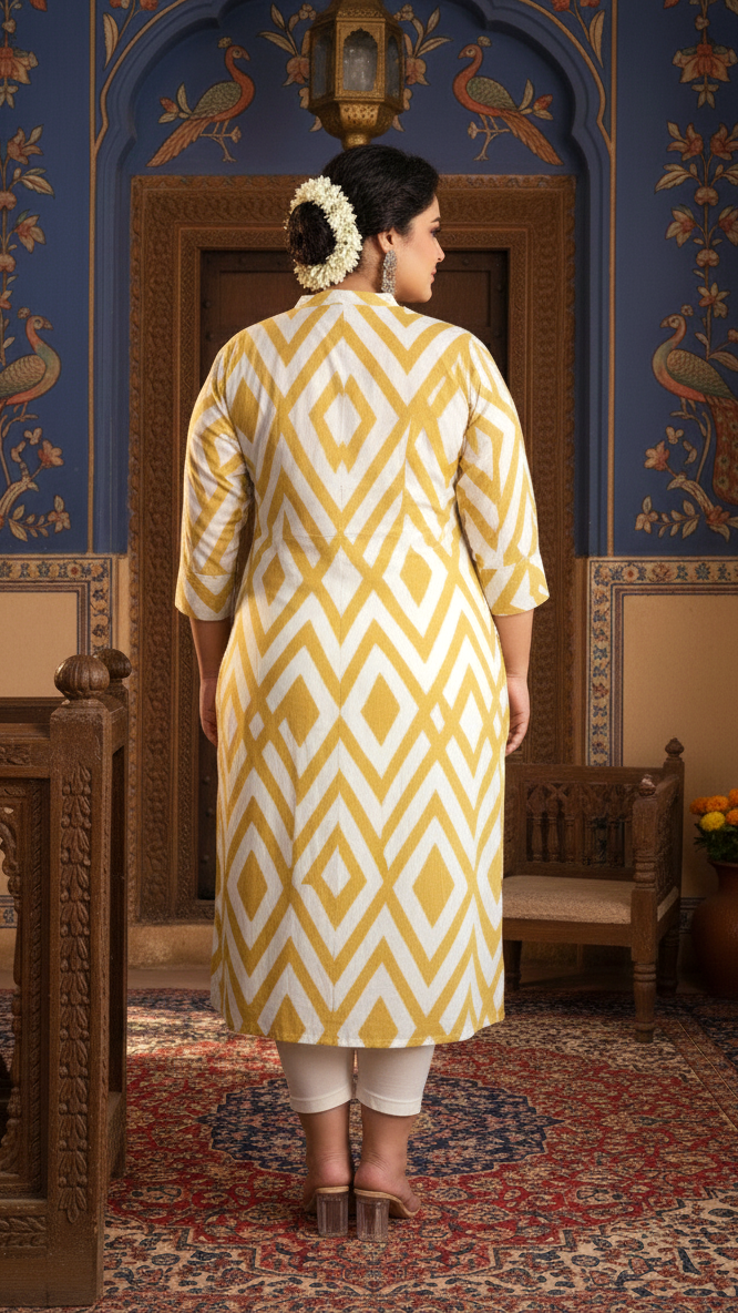 Women Printed Cotton A-line Kurta (B04-Yellow)