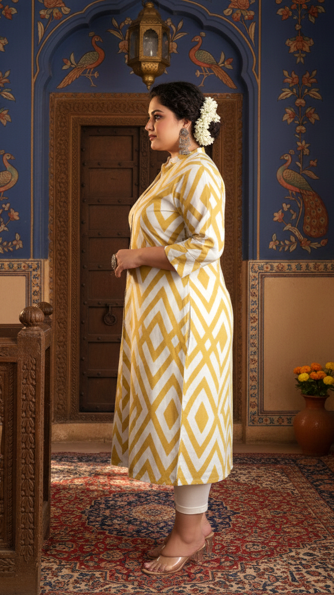 Women Printed Cotton A-line Kurta (B04-Yellow)