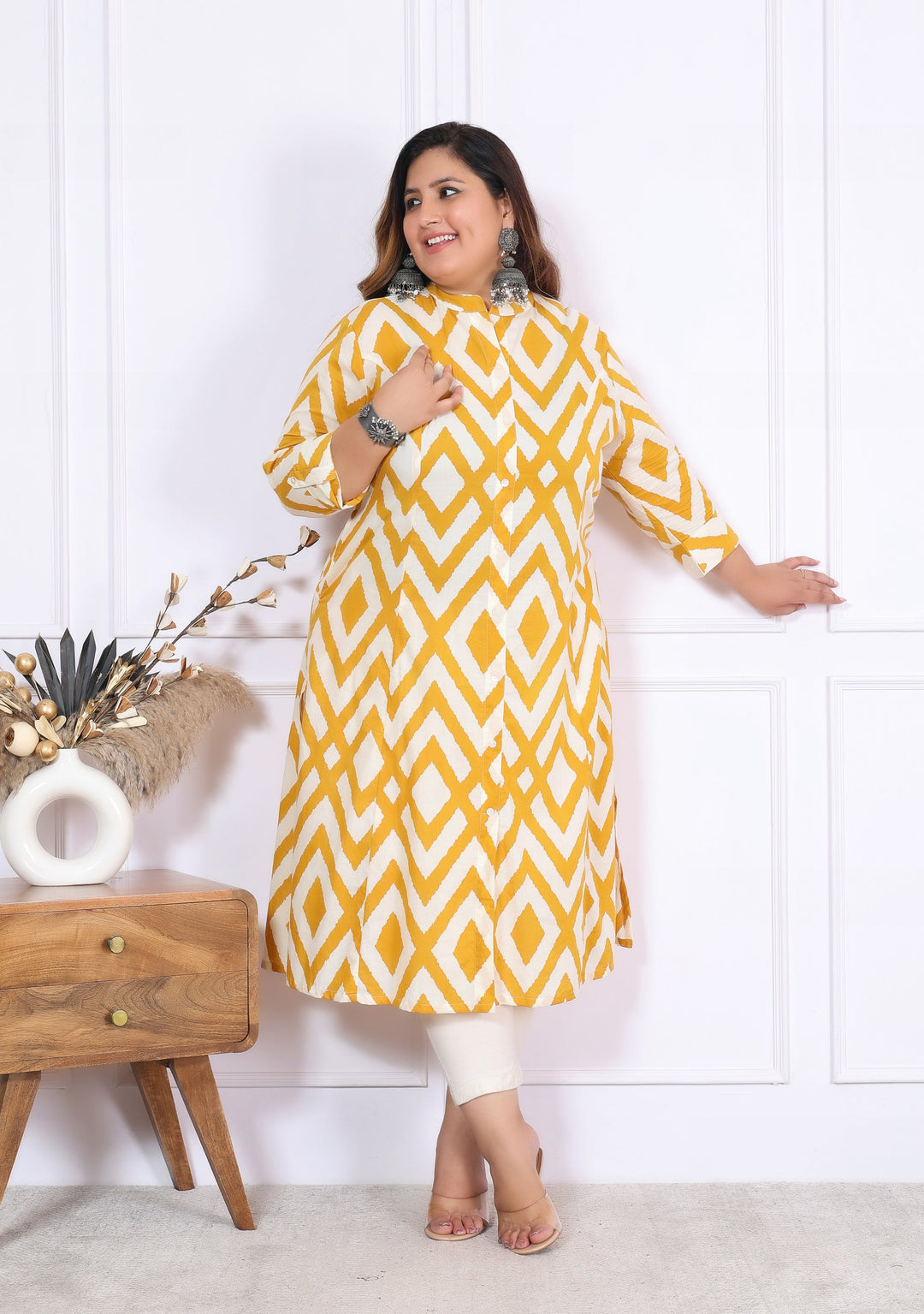 Women Printed Cotton A-line Kurta (B04-Yellow)