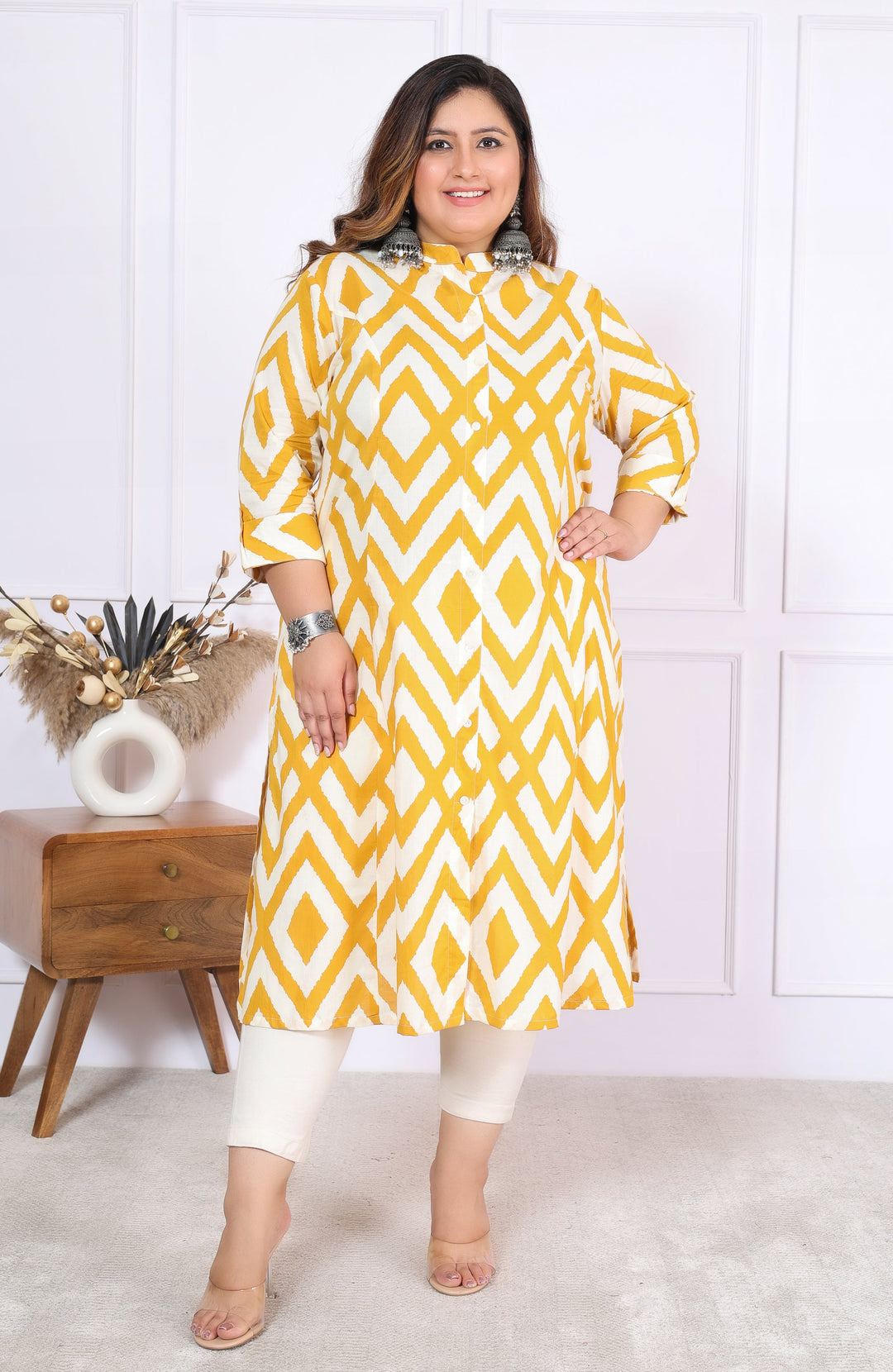 Women Printed Cotton A-line Kurta (B04-Yellow)