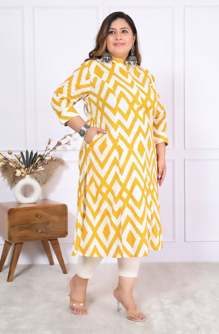 Women Printed Cotton A-line Kurta (B04-Yellow)