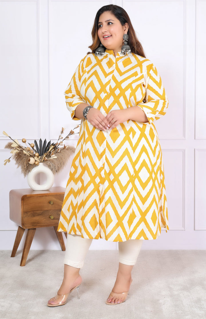 Women Printed Cotton A-line Kurta (B04-Yellow)