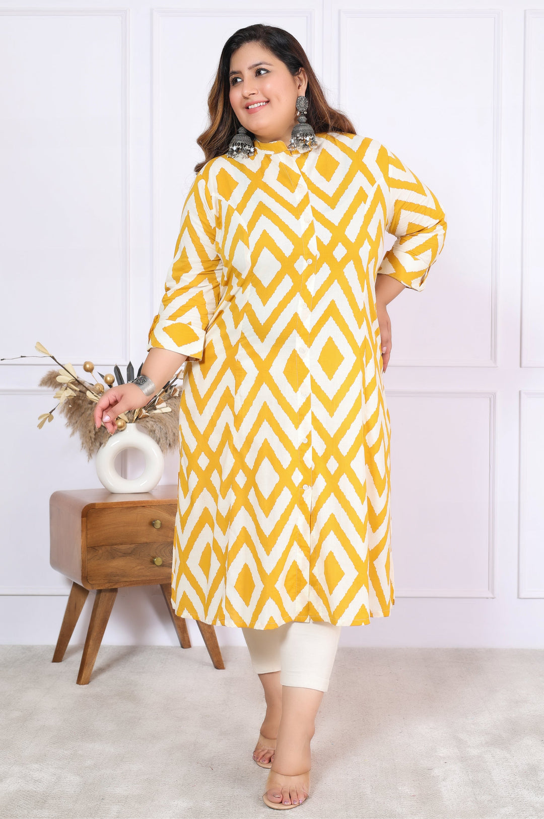 Women Printed Cotton A-line Kurta (B04-Yellow)