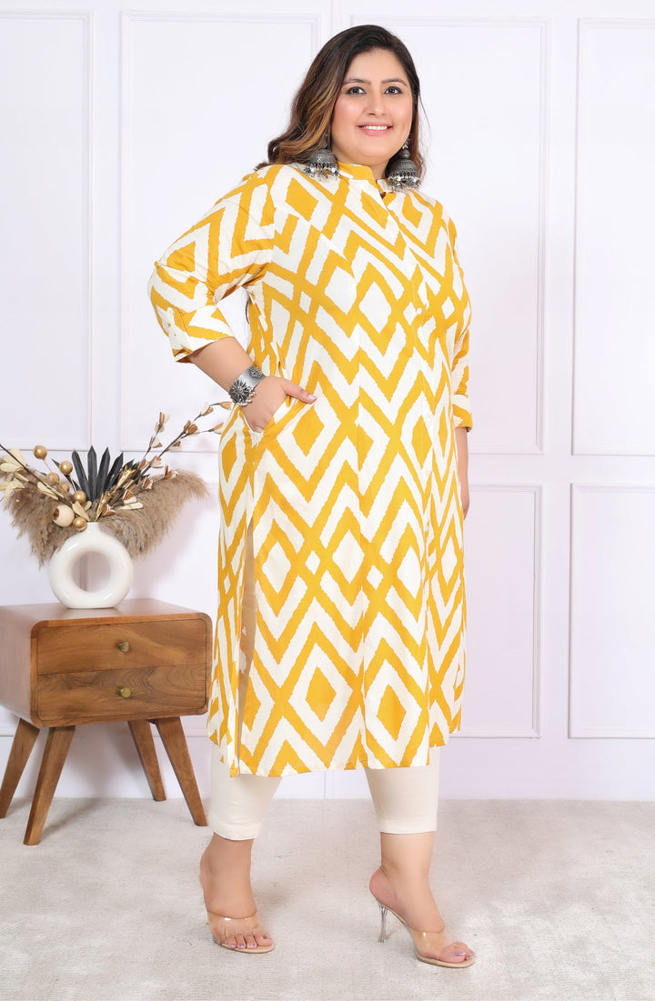 Women Printed Cotton A-line Kurta (B04-Yellow)