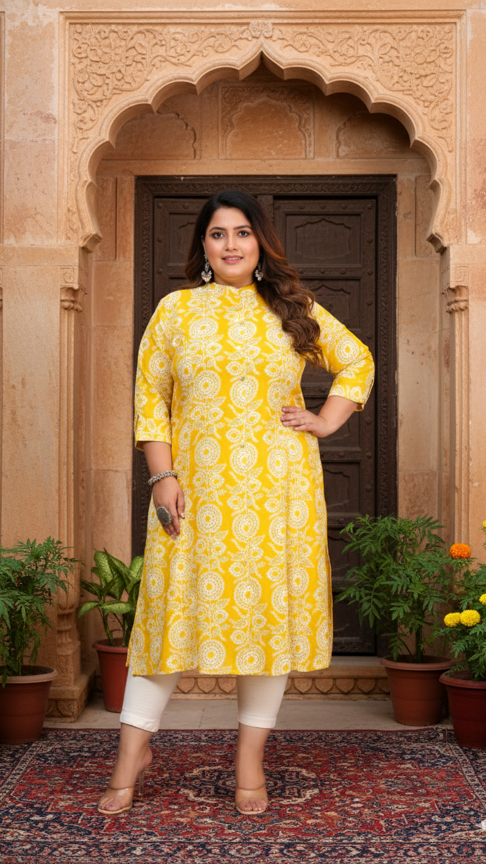 Women Printed Cotton A-line Kurta (B06-Yellow)