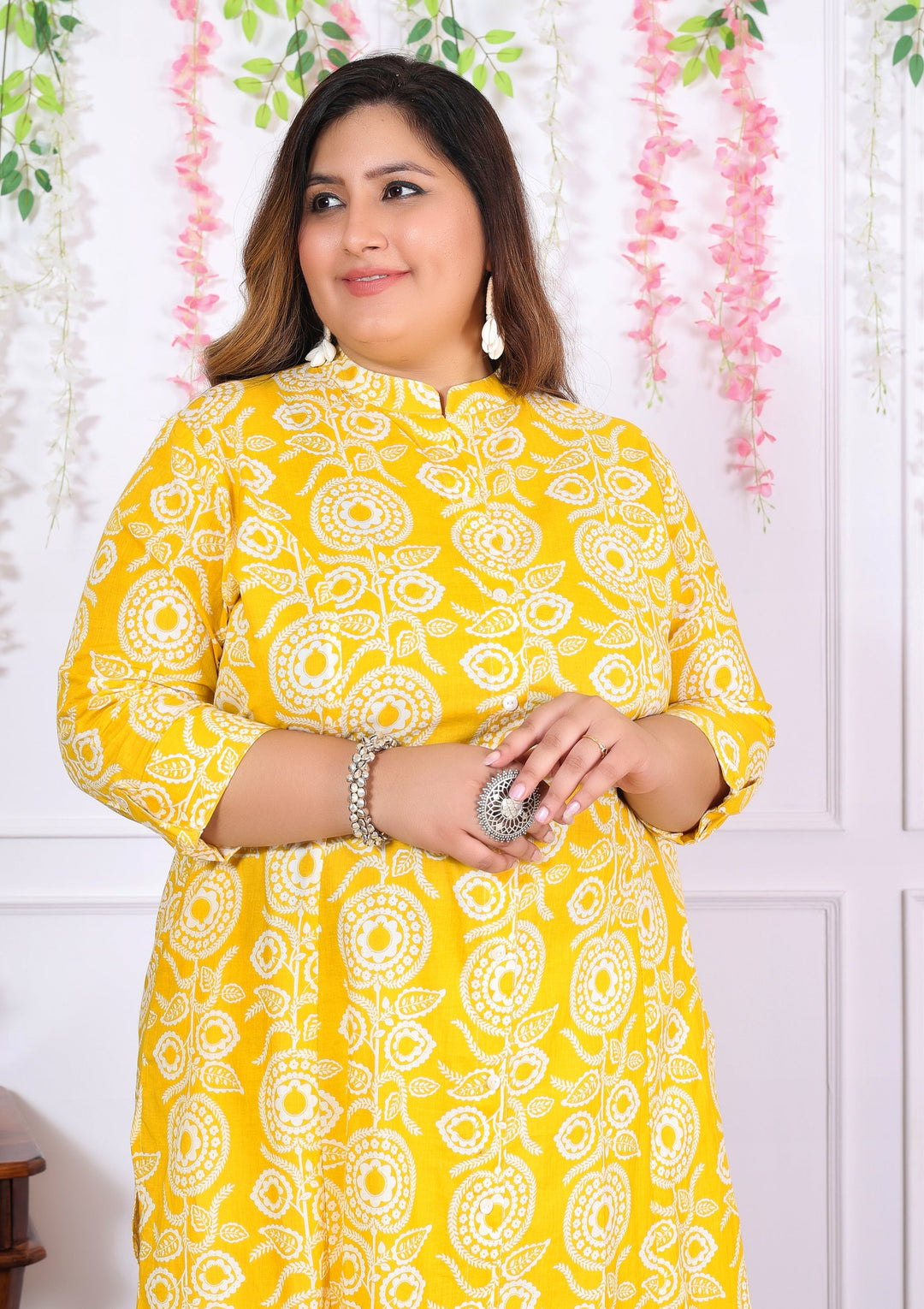 Women Printed Cotton A-line Kurta (B06-Yellow)