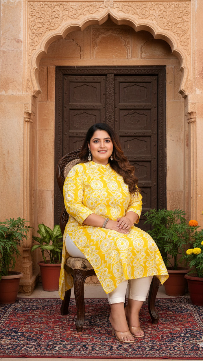 Women Printed Cotton A-line Kurta (B06-Yellow)