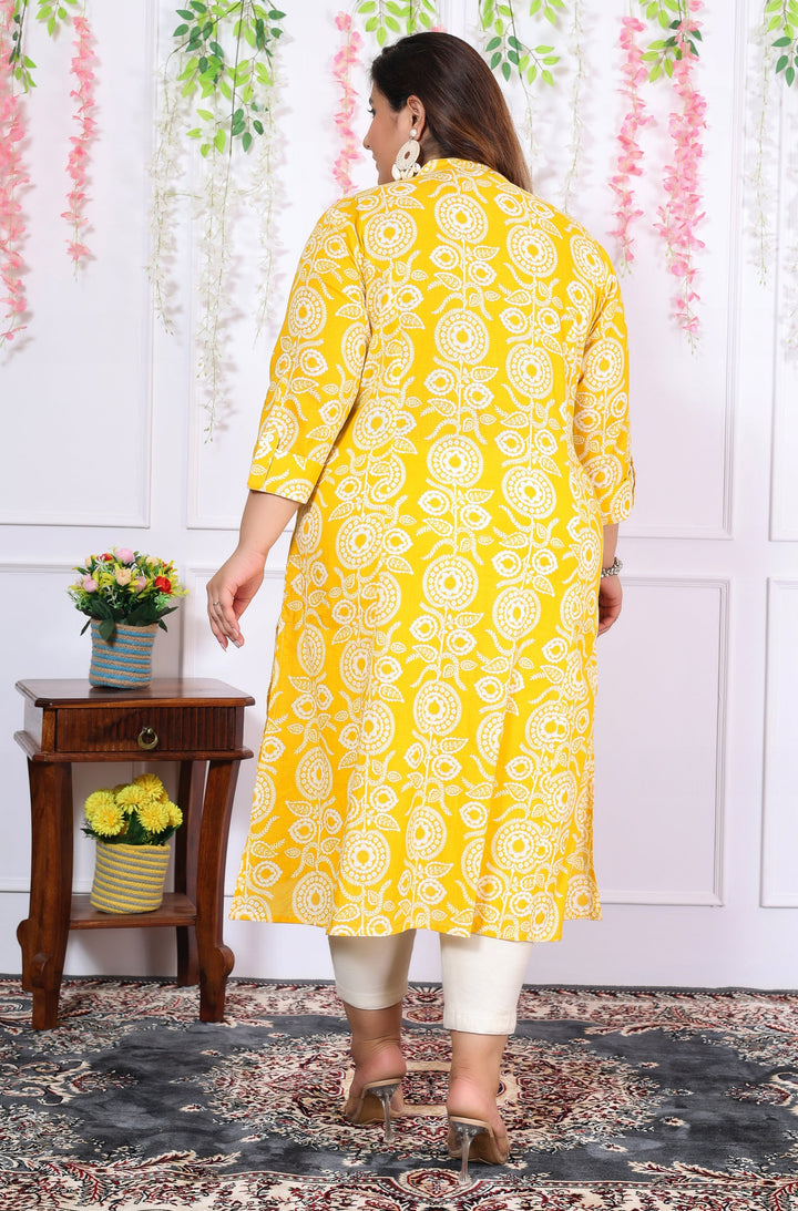 Women Printed Cotton A-line Kurta (B06-Yellow)