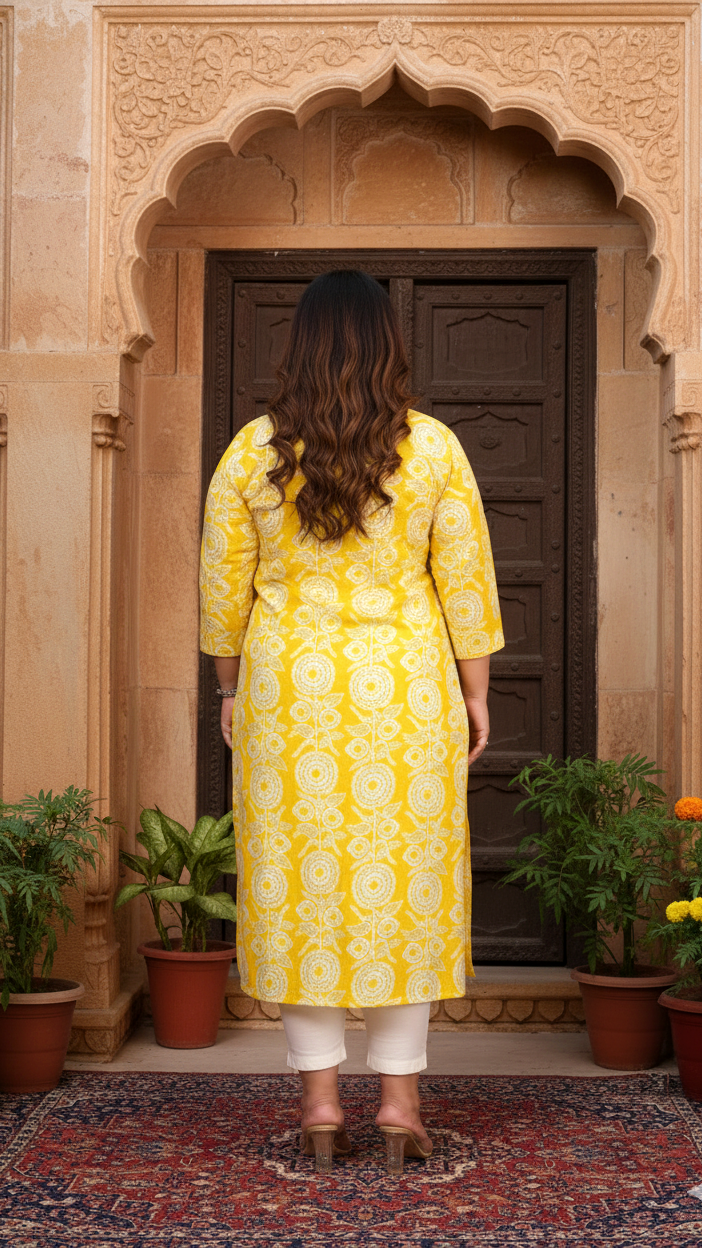 Women Printed Cotton A-line Kurta (B06-Yellow)