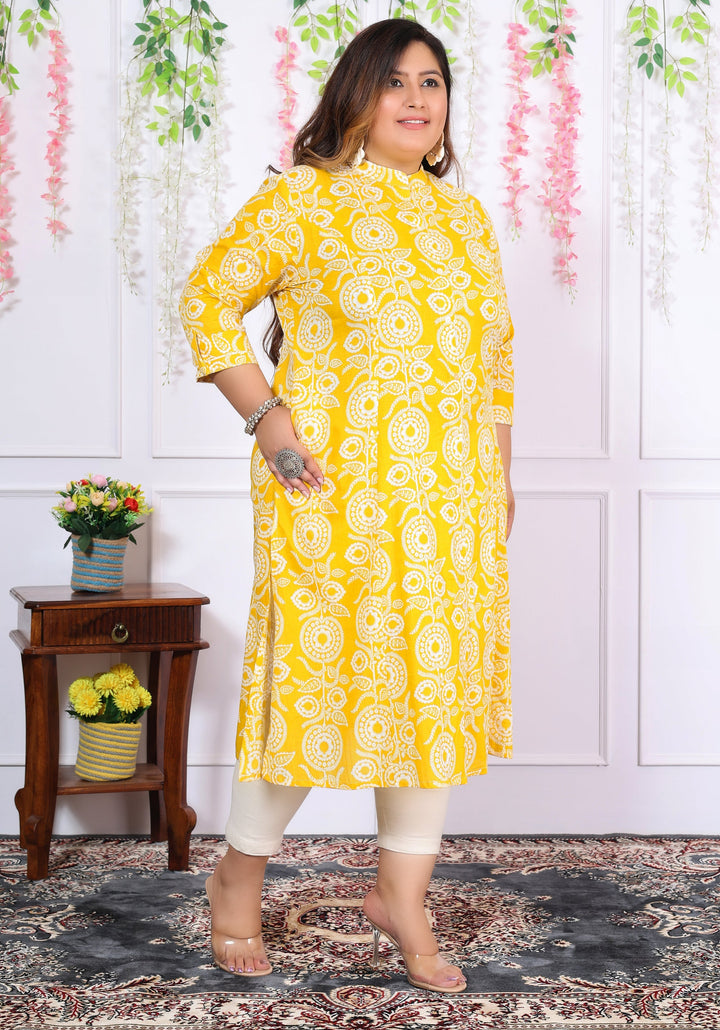 Women Printed Cotton A-line Kurta (B06-Yellow)