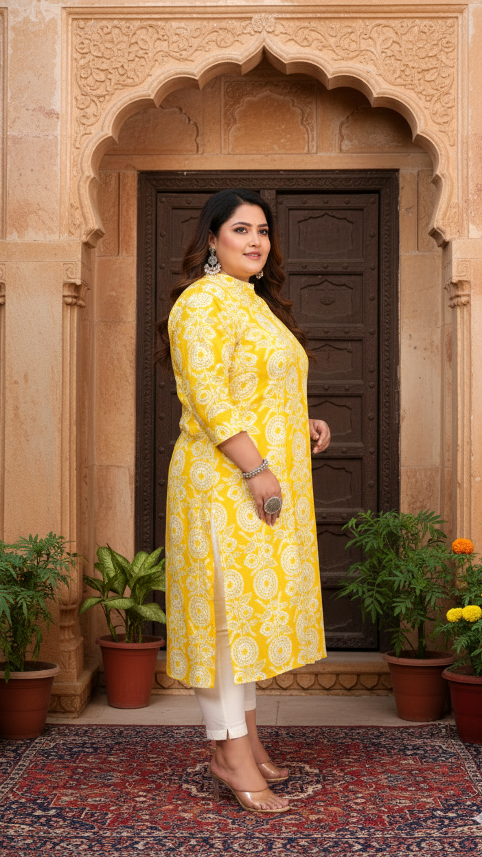 Women Printed Cotton A-line Kurta (B06-Yellow)