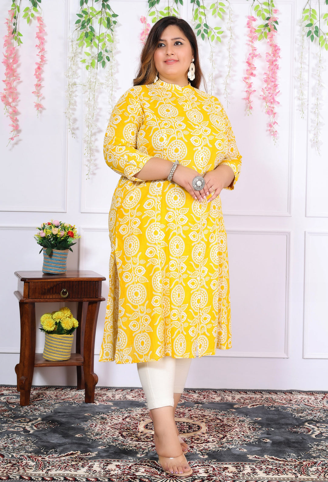 Women Printed Cotton A-line Kurta (B06-Yellow)