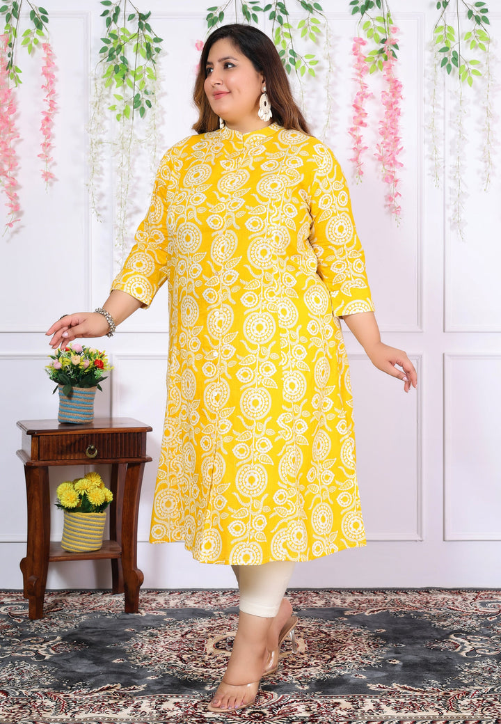 Women Printed Cotton A-line Kurta (B06-Yellow)