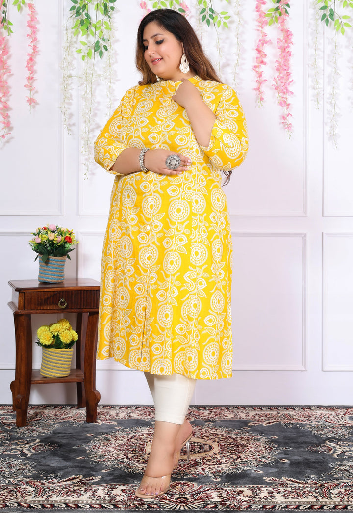 Women Printed Cotton A-line Kurta (B06-Yellow)